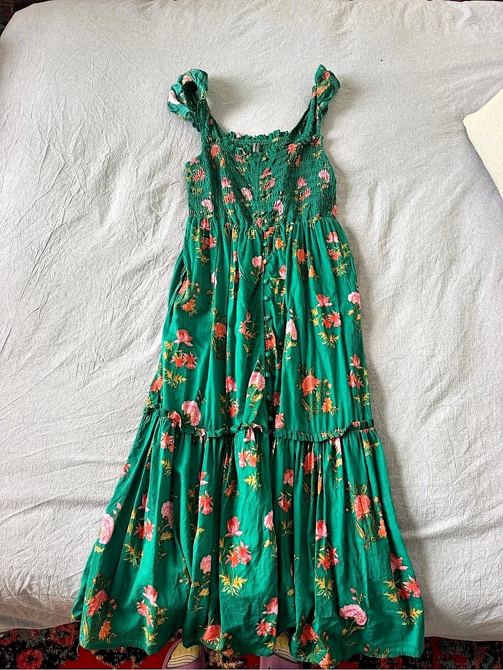 Anthropologie Smocked Bodice Buttonfront Midi Dress Green & Pink Medium Like New